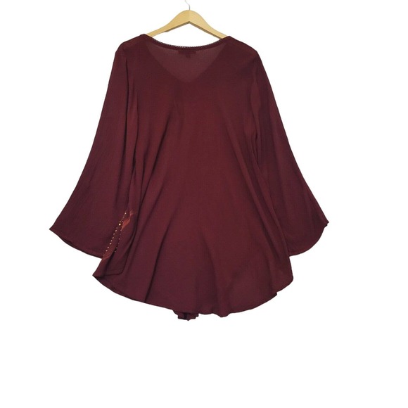 Greater Good Hippie Bohemian Tunic Burgundy Rhinestone Embroidered Plus Sz 1X-2X - Picture 2 of 9